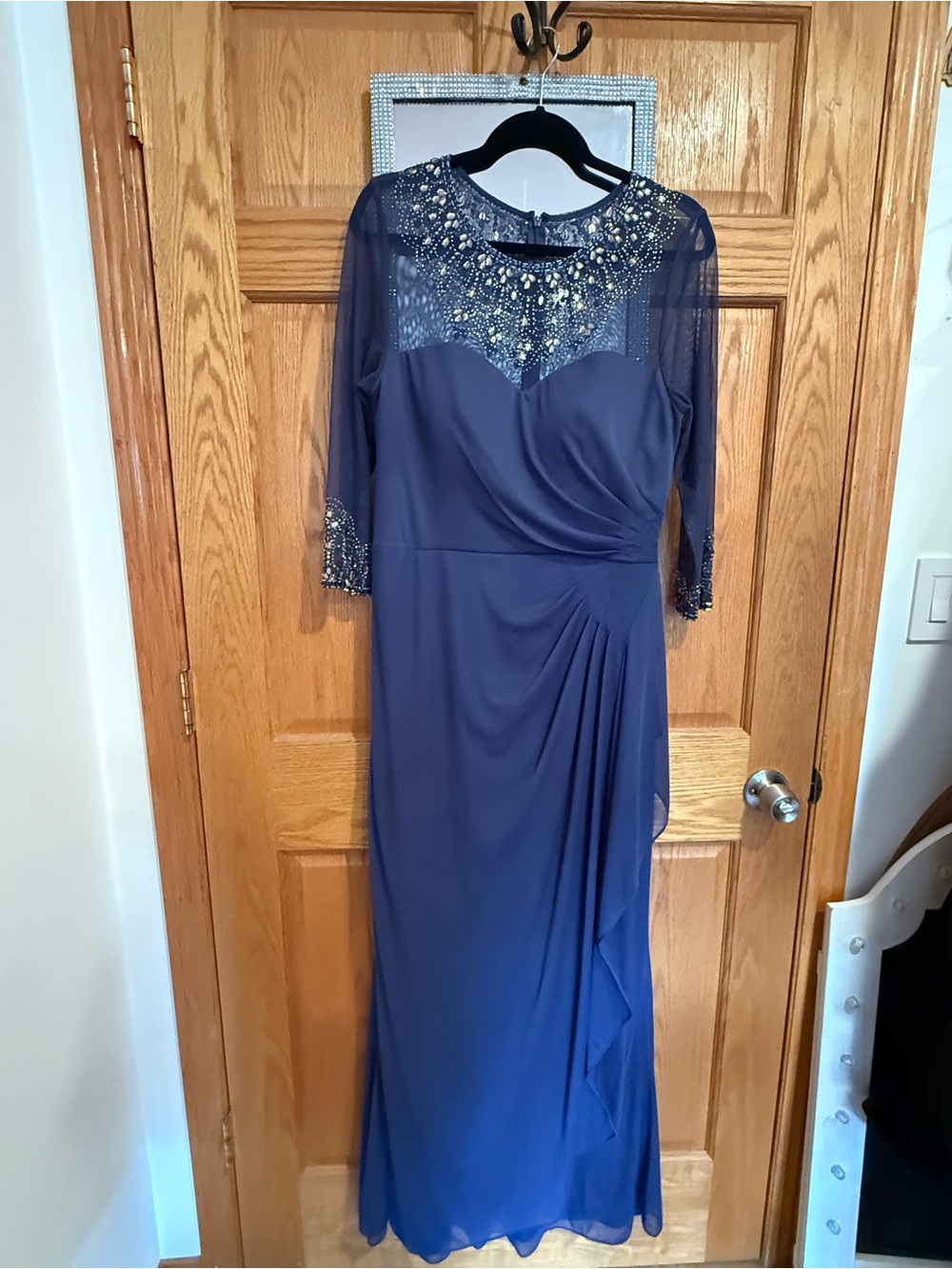 Alex Evenings Navy Beaded Long Sleeve Evening Gown